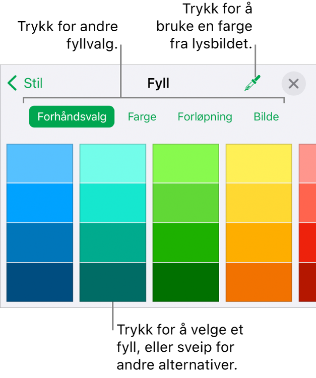 Fyllalternativer i Stil-fanen for Format-knappen.