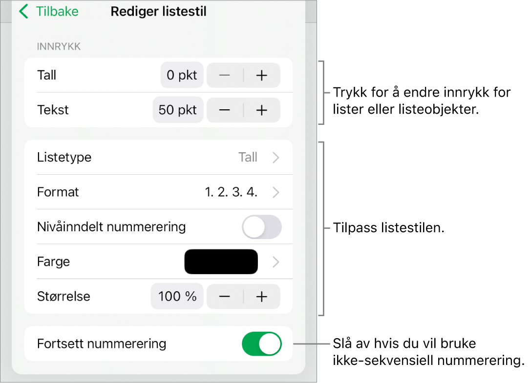 Rediger listestil-meny med kontroller for innrykk, listetype og -format, nivåinndelt nummerering, listefarge og -størrelse og fortsatt nummerering.