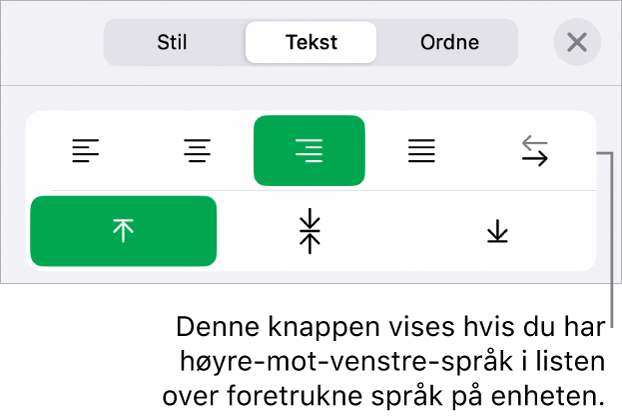 Stil-delen for Format-menyen med en bildeforklaring for Høyre til venstre-knappen.