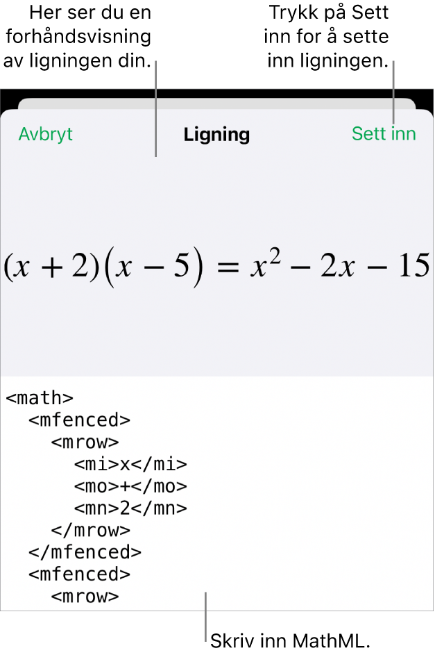 Ligning-dialogruten, som viser en formel skrevet med MathML-kommandoer, og en forhåndsvisning av formelen ovenfor.