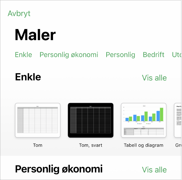 Malvelgeren med en rad med kategorier langs toppen som du kan trykke på for å filtrere alternativene. Under er miniatyrer av forhåndsdesignede maler som er plassert i rader etter kategori.