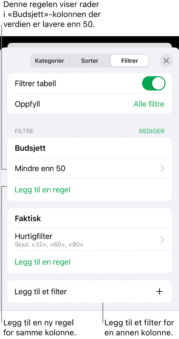 Kontroller for å legge til nye filtreringsregler eller redigere eksisterende regler.
