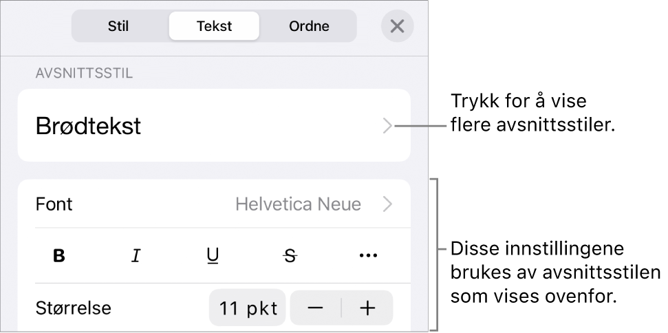 Format-menyen som viser tekstkontroller for å angi avsnitts- og tegnstiler, font, størrelse og farge.