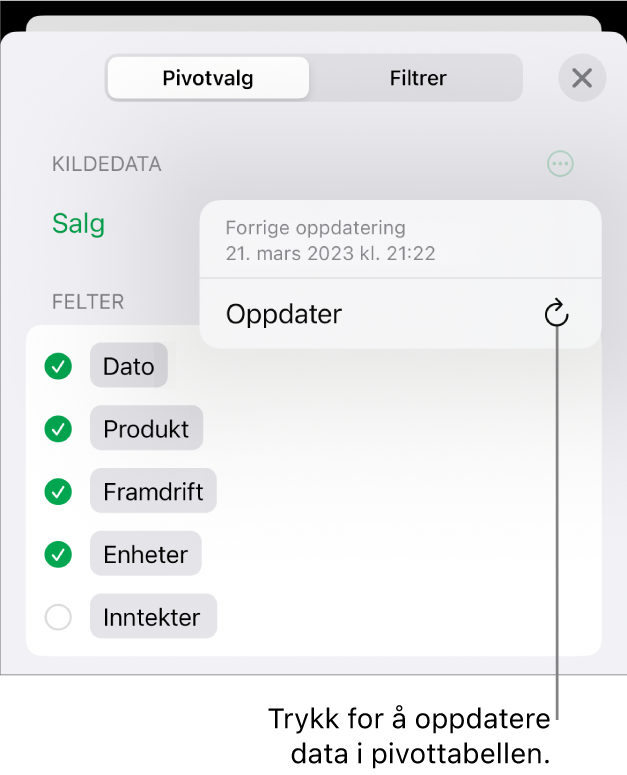 Pivotvalg-menyen med valget for å oppdatere pivottabellen.