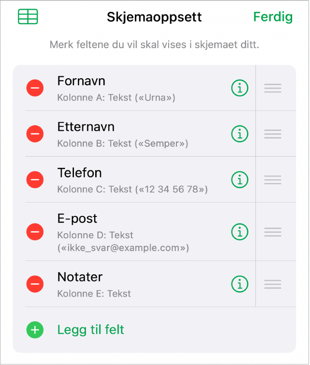Skjemaoppsett-kontroller, med valg for å legge til, redigere, endre rekkefølgen på og slette felter, i tillegg til endring av feltformat (for eksempel fra Tekst til Prosent).