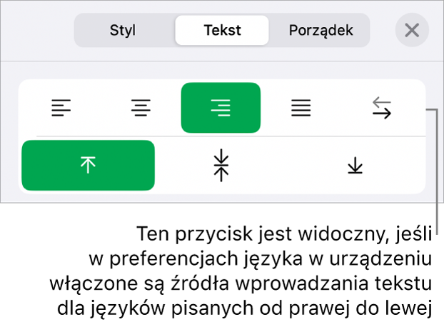 Sekcja Styl na pasku bocznym Format z opisem wskazującym przycisk Od prawej do lewej.