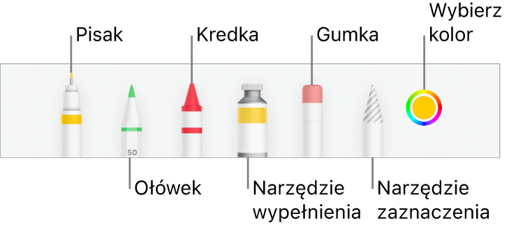 Pasek narzędzi rysowania w Numbers na iPhonie: pisak, ołówek, kredka, wypełnianie, gumka i zaznaczanie. Oprócz nich widoczna jest także paleta kolorów, zawierająca bieżący kolor.