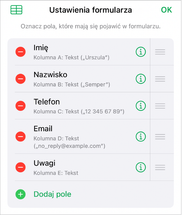 Narzędzia do konfigurowania formularza. Widoczne są opcje dodawania, edycji, zmiany kolejności i usuwania pól, a także zmiany formatu pól (np. z Tekst na Procent).