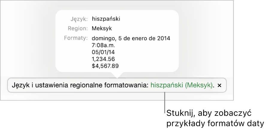 Powiadomienie o różnicy ustawień dotyczących języka i regionu, pokazujące przykłady formatowania używanego w wybranym języku i regionie.