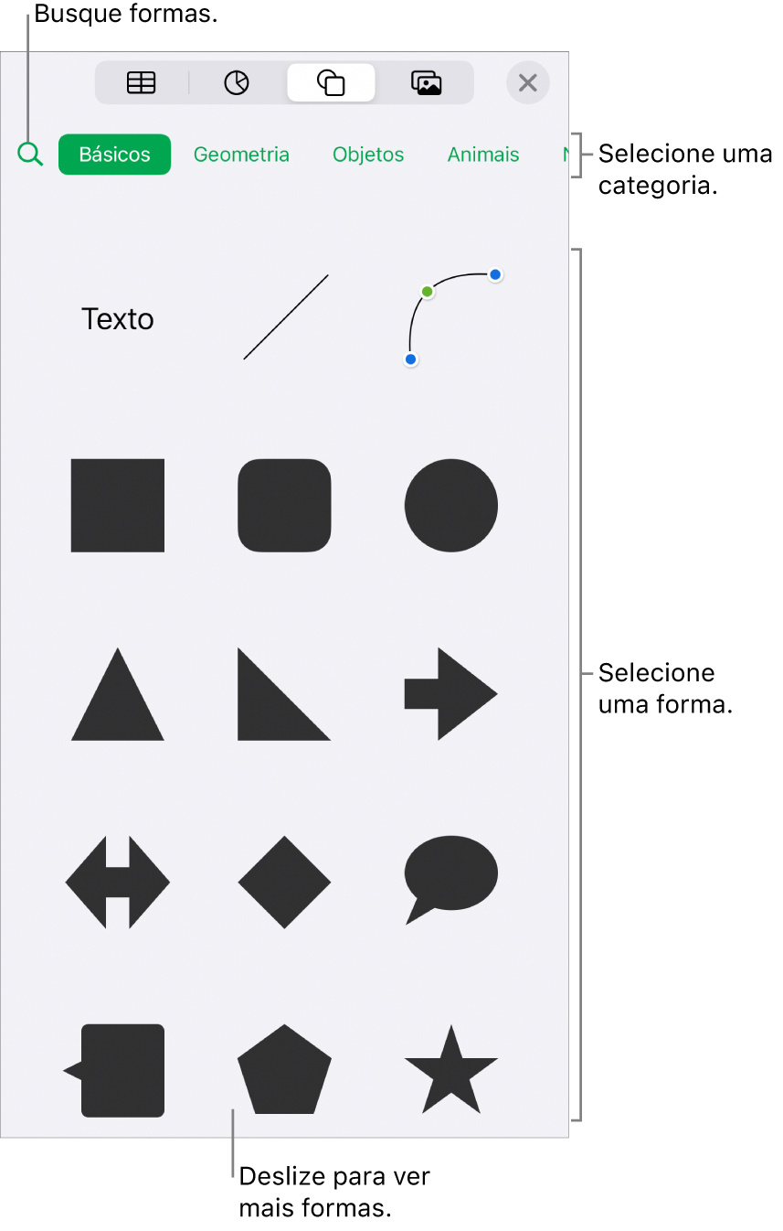 A biblioteca de formas, com categorias na parte superior e formas exibidas abaixo. Você pode utilizar o campo de pesquisa na parte superior e deslizar para ver mais.