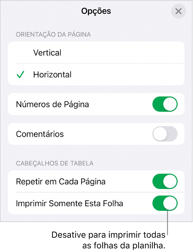 Opções de impressão para escolher a orientação da página, mostrar números e cabeçalhos de páginas, e escolher o tamanho do papel e quais páginas imprimir.