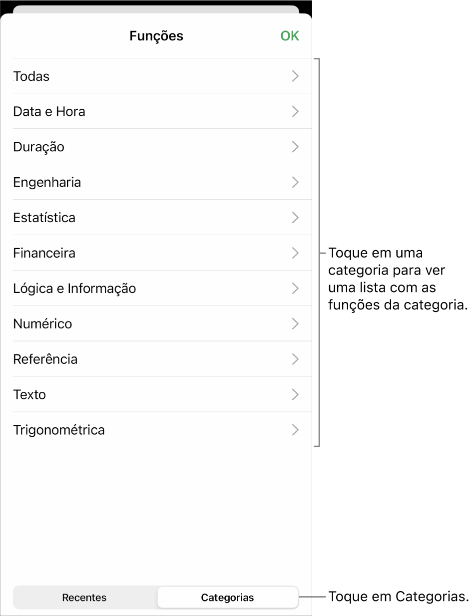 O Navegador de Funções com o botão Categorias selecionado e a lista de categorias abaixo dele.