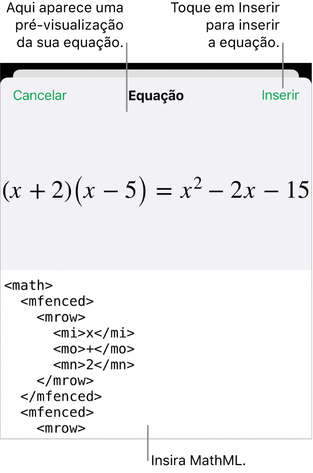 O diálogo de Equação, mostrando uma equação escrita com comandos MathML e uma pré-visualização da fórmula acima.
