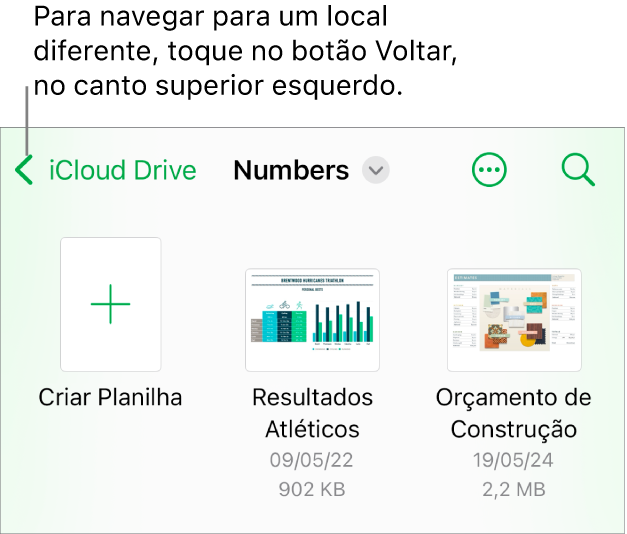 A visualização de navegação do gerenciador de documentos com um link de local no canto superior esquerdo e abaixo um campo de Busca. No canto superior direito estão o botão Adicionar Planilha e o botão Mais. Na parte inferior da tela estão o botão Recentes e o botão Explorar.