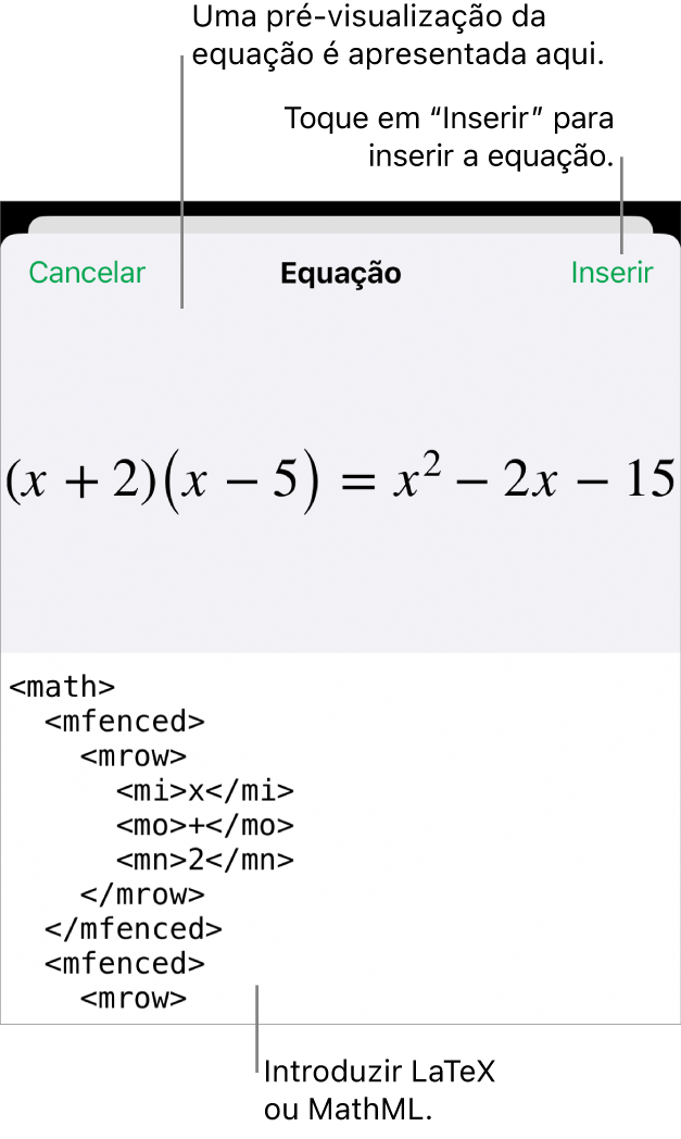 A caixa de diálogo “Equação”, apresentando uma equação escrita com recurso aos comandos MathML e uma pré-visualização da fórmula em cima.