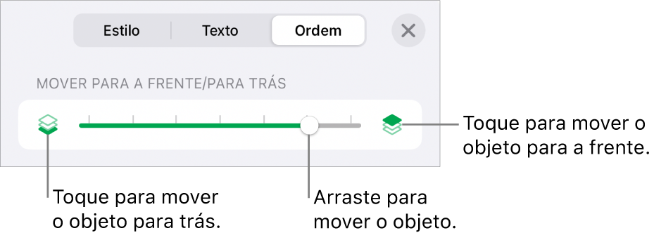 O botão “Mover para trás”, o botão “Mover para a frente” e o nivelador da camada.