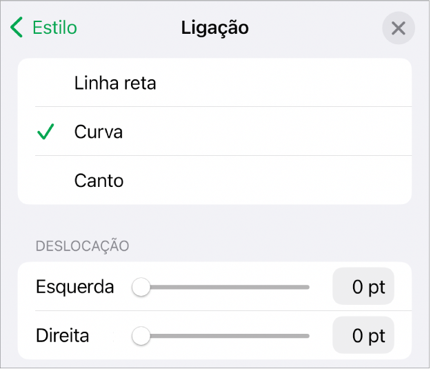 Os controlos de “Ligação” com “Curva” selecionada.
