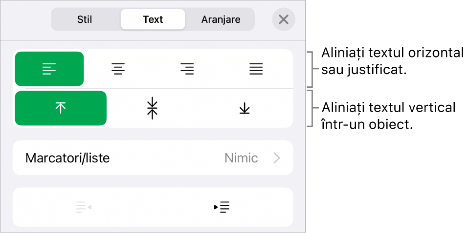 Secțiunea Aranjament a inspectorului Format cu explicații pentru butoanele de aliniere a textului și de spațiere.