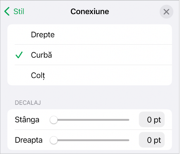 Comenzile Conexiune cu opțiunea Curbă selectată.