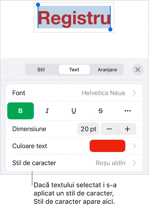 Comenzile de formatare Text cu Stil de caracter sub comenzile Culoare. Stilul de caracter Nimic apare cu un asterisc.