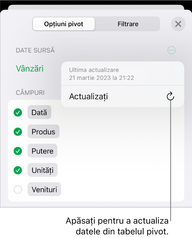 Meniul Opțiuni pivot afișând opțiunea de reîmprospătare a tabelului pivot.