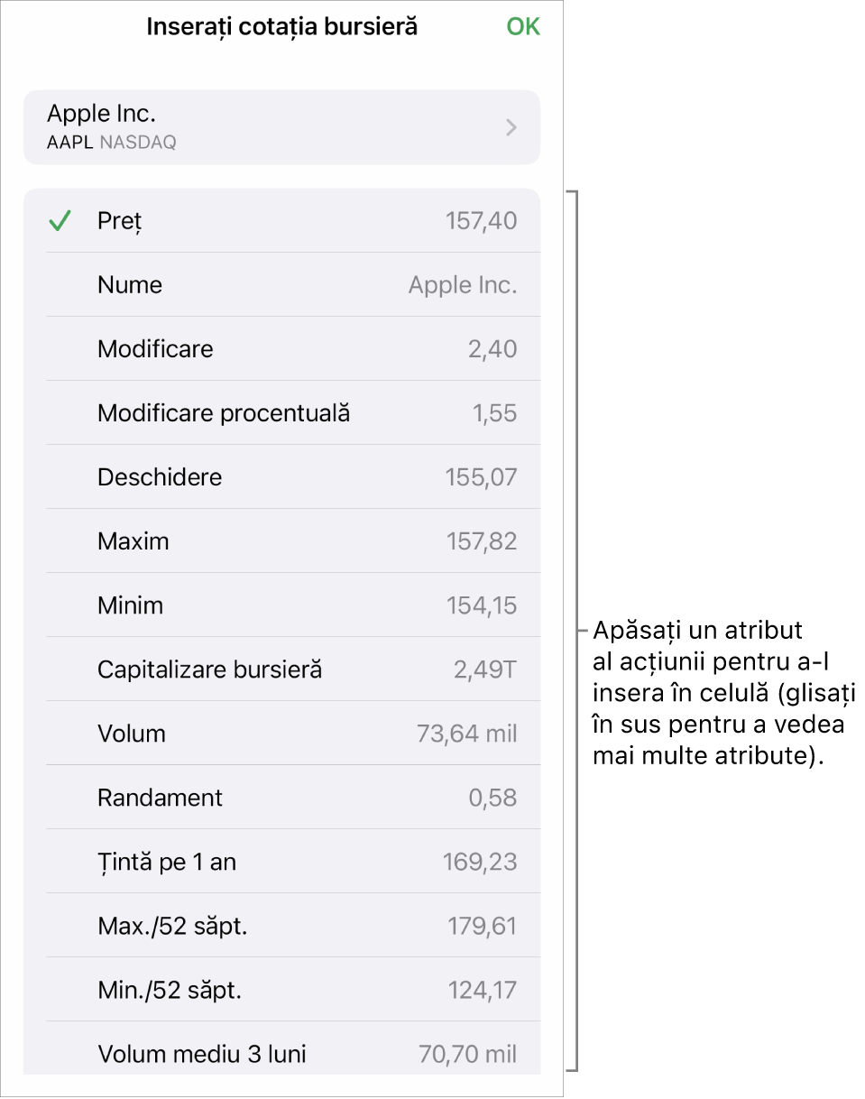 Pop-overul cotației bursiere, cu numele acțiunii în partea de sus și atributele selectabile ale acțiunii, incluzând prețul, numele, modificarea, modificarea procentuală și prețul de deschidere mai jos.