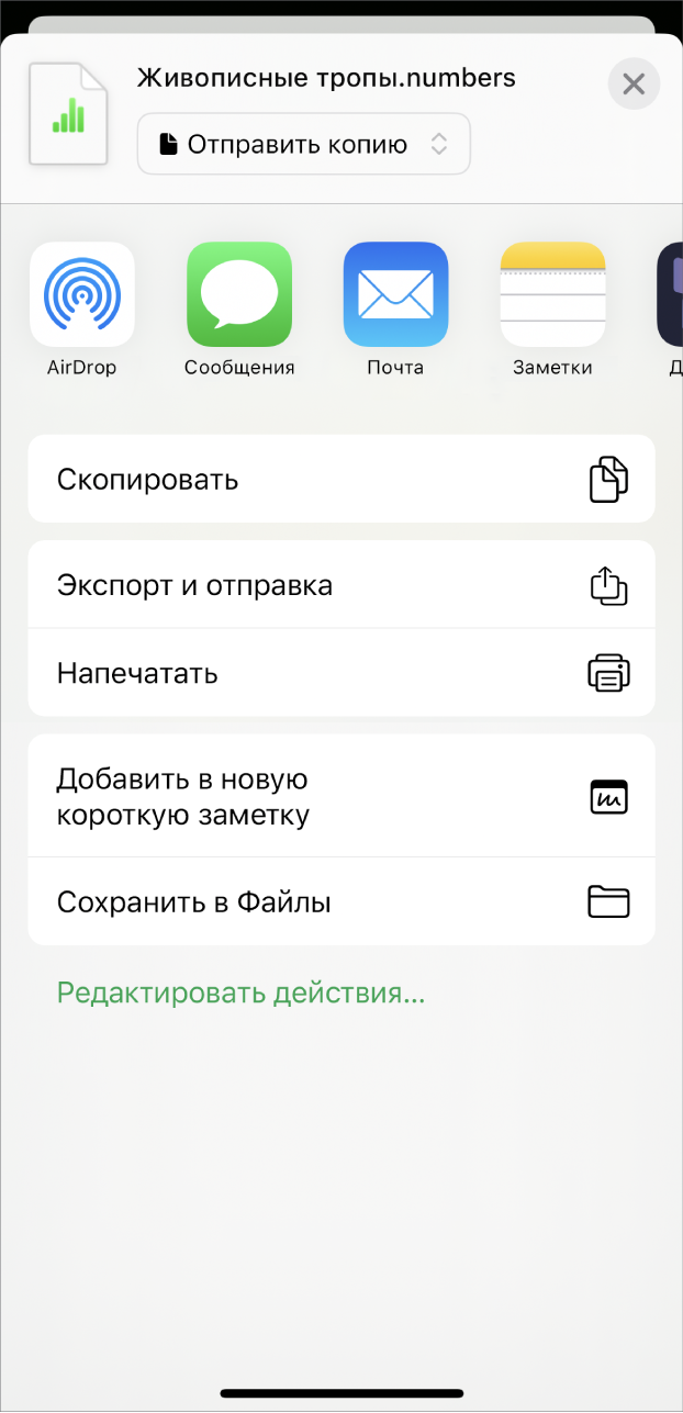 В окне Numbers показано меню «Поделиться», в котором отображаются варианты для отправки копии таблицы, ее экспорта и отправки в другом формате, печати или сохранения таблицы в приложении «Файлы».