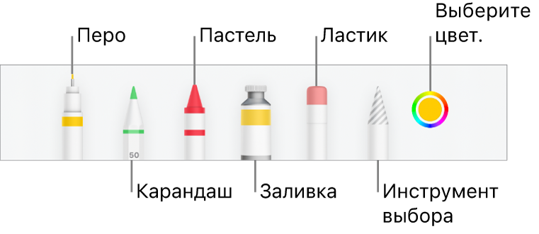 Панель инструментов рисования в Numbers на iPhone: перо, карандаш, пастель, заливка, ластик, инструмент выбора и цветовая область с текущим цветом.