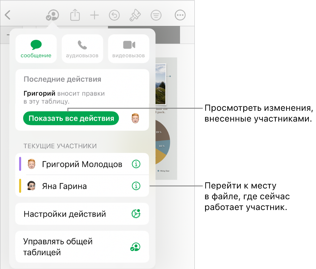 В меню совместной работы показаны активные участники.