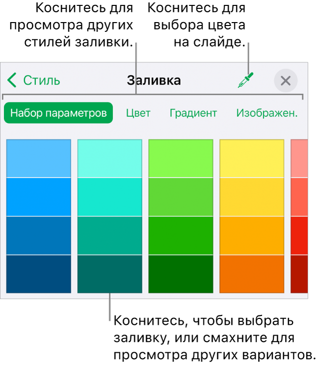 Варианты заливки во вкладке «Стиль», вызываемой кнопкой «Формат».