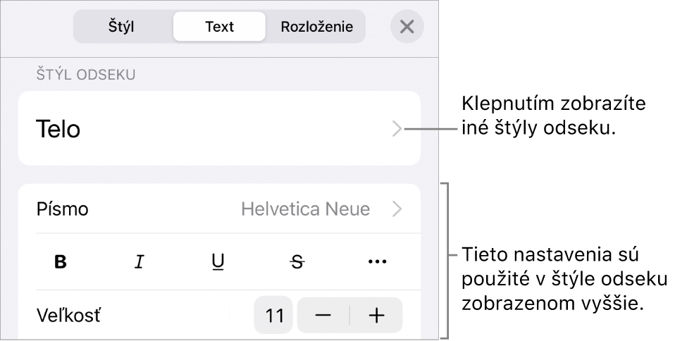 Menu Formát zobrazujúce ovládacie prvky pre nastavenie štýlov odseku a znakov, písma, veľkosti a farby.