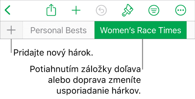 Lišta so záložkami na pridávanie nového hárka, navigáciu, zmenu poradia a preusporiadanie hárkov.