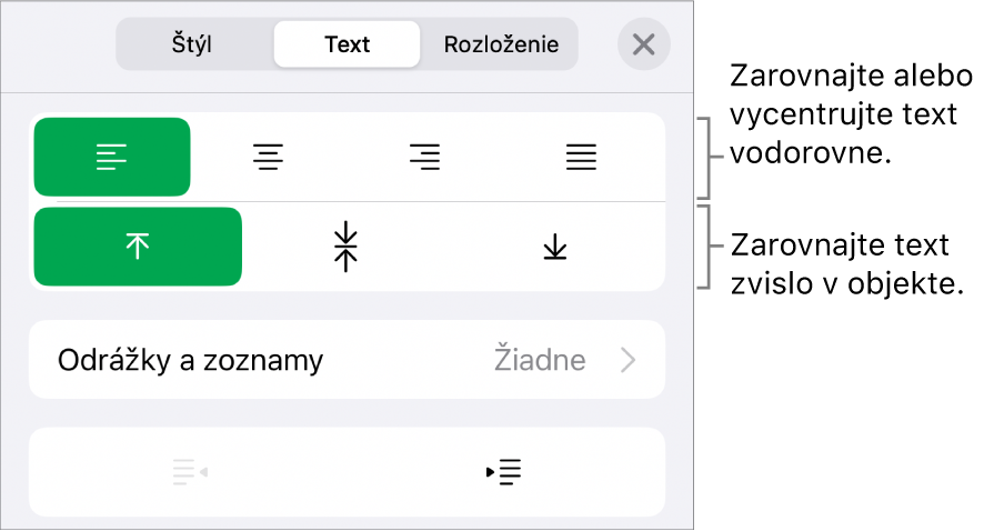 Časť Rozmiestnenie v inšpektorovi formátov s bublinami popisujúcimi tlačidlá zarovnania textu a tlačidlá na nastavenie medzier.