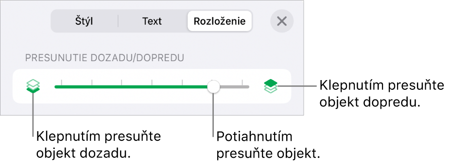 Tlačidlo Presunúť dozadu, tlačidlo Presunúť dopredu a posuvník vrstiev.