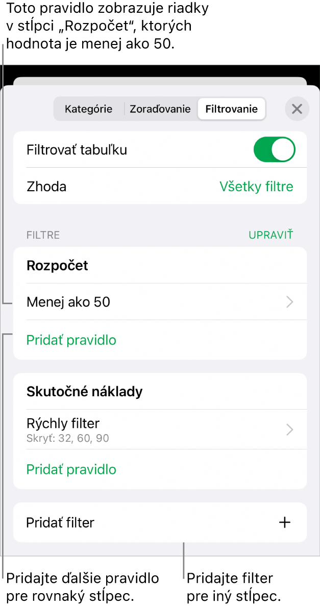 Ovládacie prvky na pridávanie nových pravidiel filtrovania a na úpravu existujúcich.