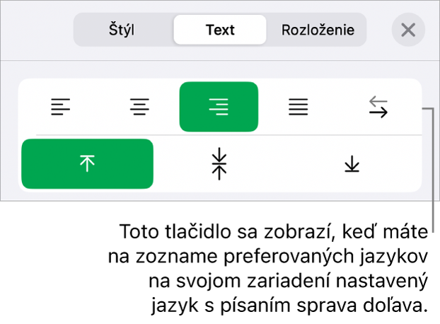 Časť Štýl tlačidla menu Formát s bublinou popisujúcou tlačidlo Sprava doľava.