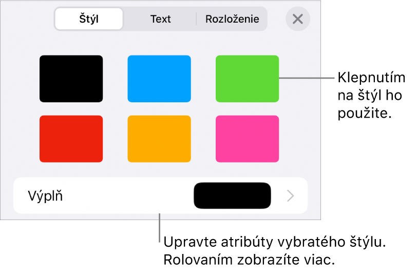 Záložka Štýl menu Formát so štýlmi objektov v hornej časti a ovládacím prvkom pod nimi s možnosťou zmeny výplne.