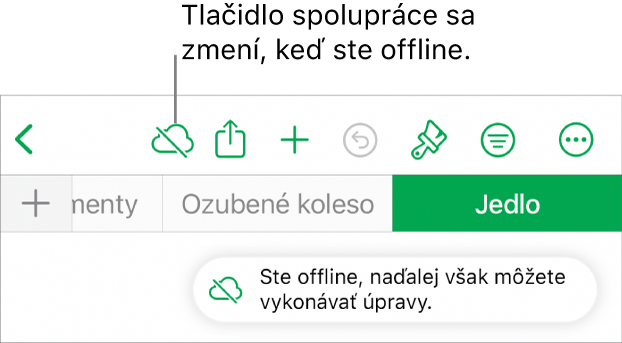 Tlačidlá v hornej časti obrazovky s tlačidlom Spolupráca zmeneným na obláčik s diagonálnou čiarou. Upozornenie na obrazovke s oznámením Ste offline, ale naďalej môžete upravovať.
