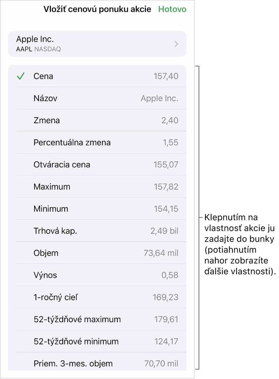 Vyskakovacie okno cenovej ponuky akcie s názvom akcie v hornej časti a možnosťami výberu vlastností akcie vrátane ceny, názvu, zmeny, percentuálnej zmeny a otváracej ceny v dolnej časti