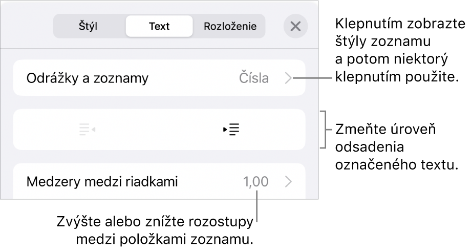 Sekcia Odrážky a zoznamy ovládacích prvkov Formát s bublinami popisujúcimi položku Odrážky a zoznamy, tlačidlami odsadenia a ovládacími prvkami na nastavenie medzery medzi riadkami.