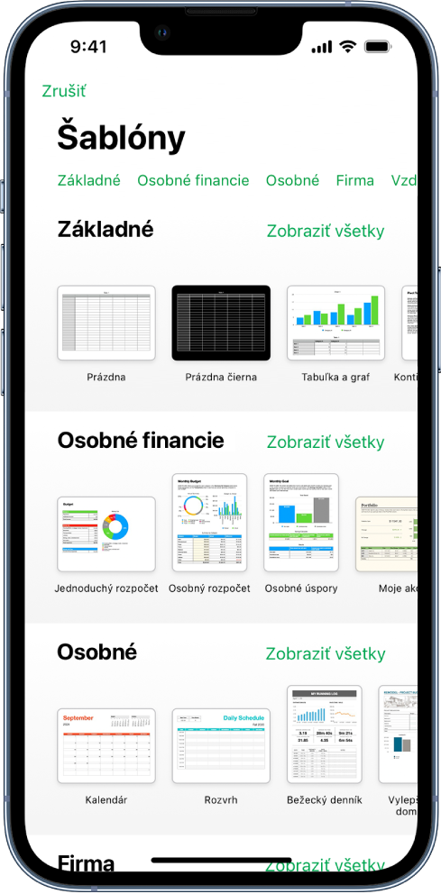 Výber šablón zobrazujúci v hornej časti riadok kategórií, na ktoré môžete klepnúť a filtrovať tak možnosti. Nižšie sú miniatúry preddefinovaných šablón zoradených podľa kategórií do riadkov. Zoznam začína v hornej časti kategóriou Posledné a nasledujú Základné a Osobné financie. V hornej časti napravo od každého riadka kategórie sa zobrazí tlačidlo Zobraziť všetky. Tlačidlo Jazyk a Región sa nachádza v pravom hornom rohu.