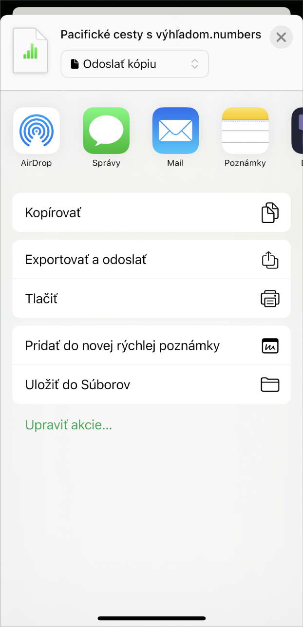 Okno Numbers zobrazujúce menu Zdieľať s možnosťami na odoslanie kópie tabuľky, export a odoslanie v inom formáte alebo tlač a uloženie tabuľky do apky Súbory.