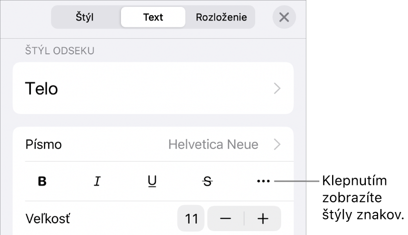 Ovládacie prvky Formát so štýlmi odseku v hornej časti, ako aj ovládacie prvky Písmo. Pod Písmom sú tlačidlá Tučné, Kurzíva, Prečiarknutie a Viac možností textu.