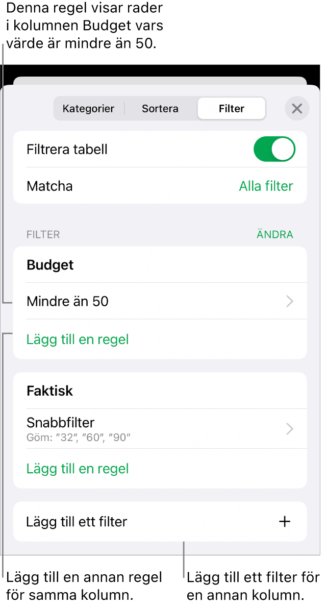 Reglage för att lägga till nya filtreringsregler eller redigera befintliga.