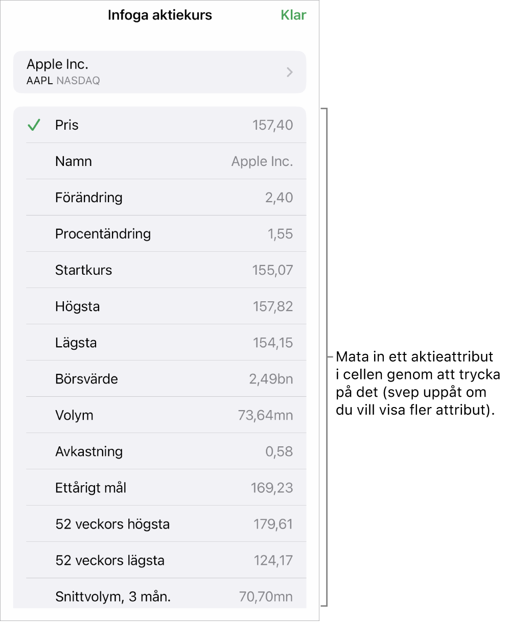 Popovern för aktiekurs med aktienamnet högst upp och valbara aktieattribut, bland annat pris, namn, ändring, procentändring och startkurs, i en lista nedanför.