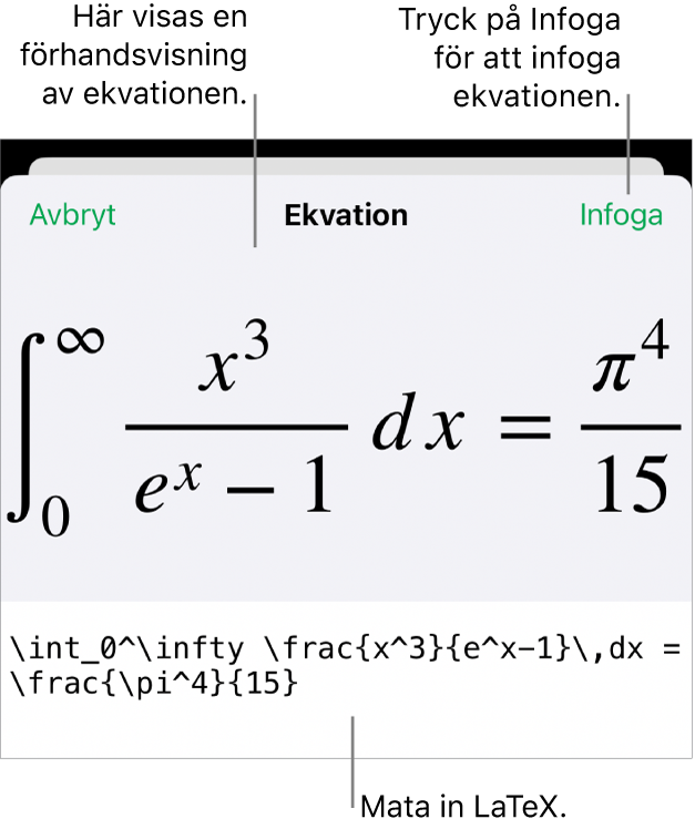 Dialogrutan Ekvation visar en ekvation som skrivits med LaTex-kommandon och en förhandsvisning av formeln ovanför den.