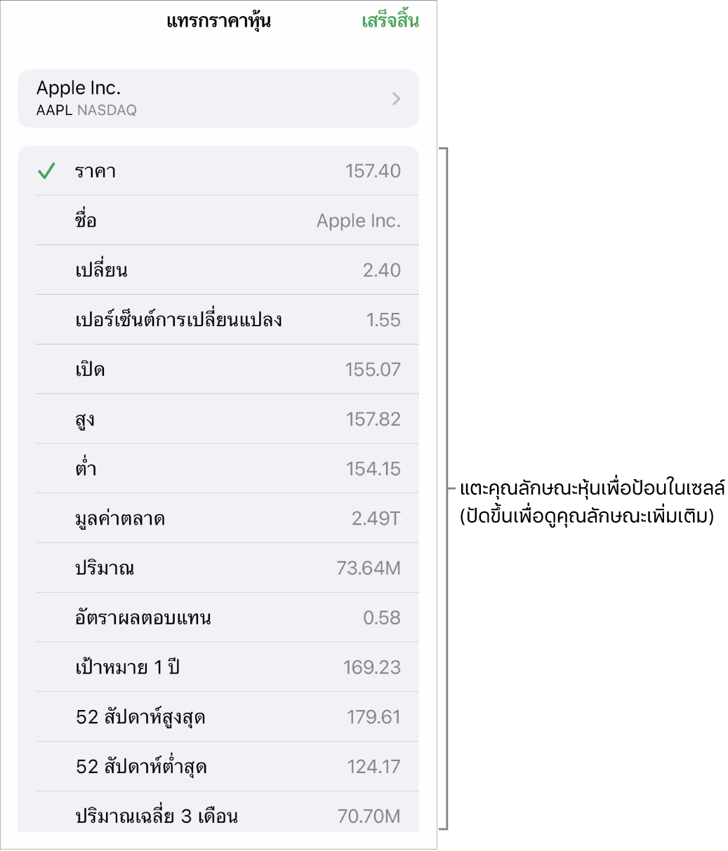 หน้าต่างราคาหุ้นที่แสดงขึ้นที่มีชื่อหุ้นที่ด้านบนสุด และคุณลักษณะหุ้นที่มีตัวเลือกให้ ซึ่งได้แก่ ราคา ชื่อ การเปลี่ยนแปลง เปอร์เซ็นต์การเปลี่ยนแปลง และราคาเปิดที่แสดงในรายการด้านล่างนี้