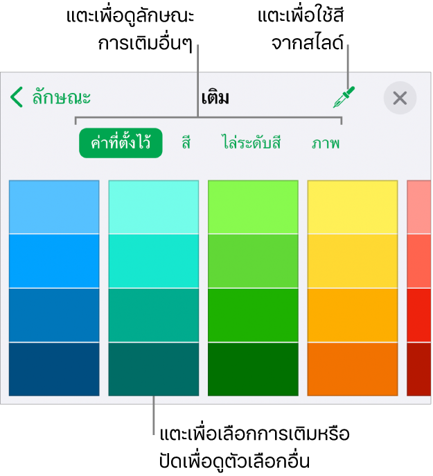 ตัวเลือกการเติมในแถบลักษณะของปุ่มรูปแบบ
