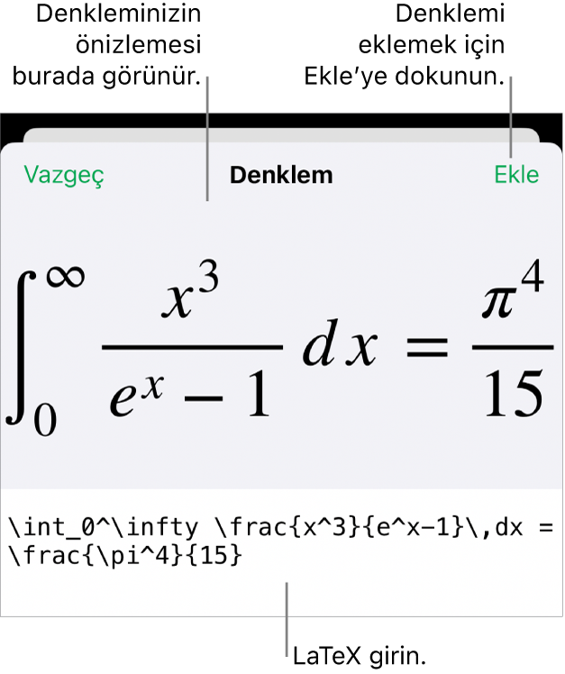 LaTeX komutları kullanılarak yazılmış bir denklemi ve onun üstünde formülün önizlemesini gösteren Denklem sorgu kutusu.