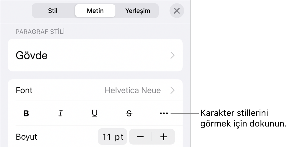 En üstteki paragraf stilleri ile Biçim denetimleri, ardından Font denetimleri. Font’un altında Kalın, İtalik, Altı Çizgili, Üstü Çizgili ve Daha Fazla Metin Seçeneği düğmeleri bulunur.